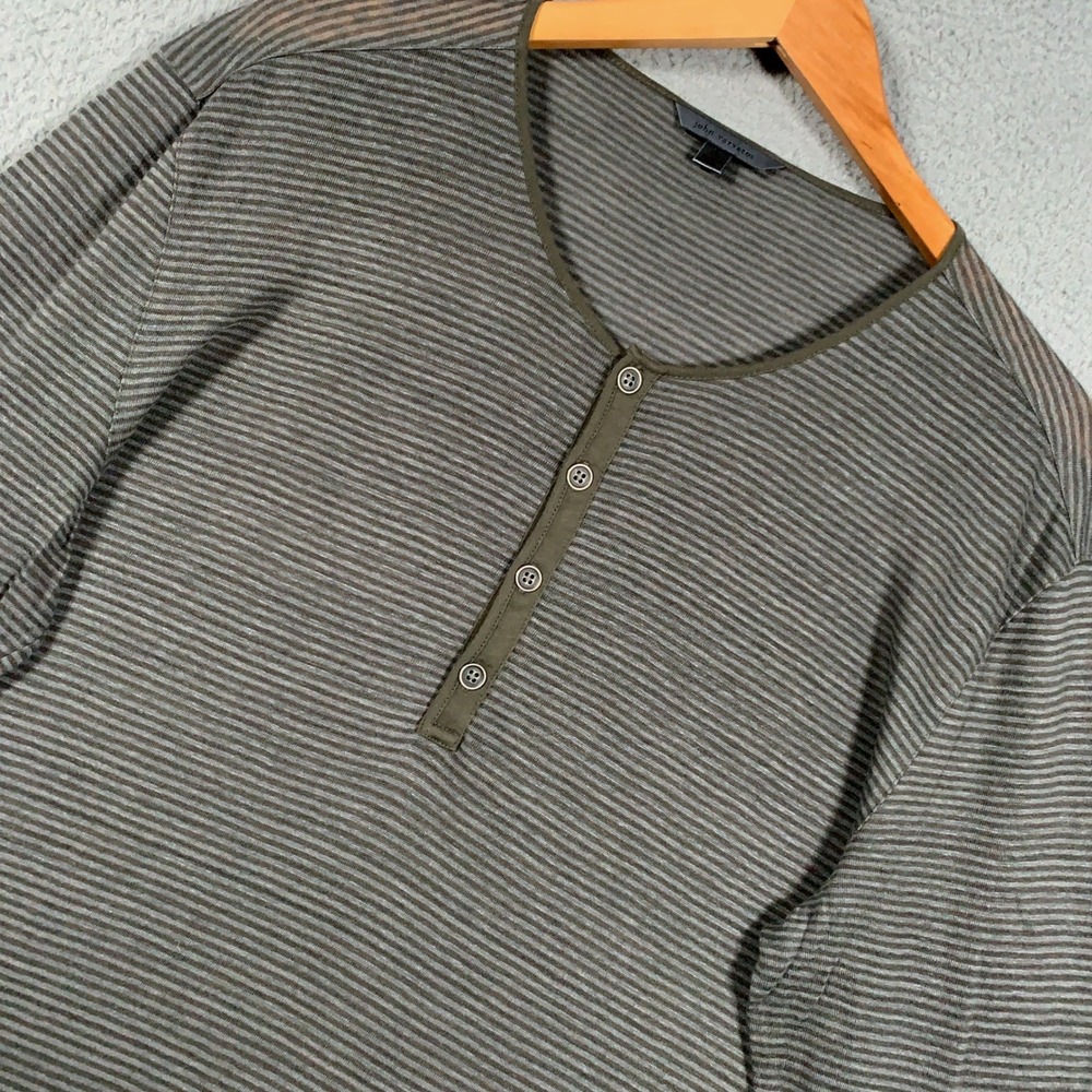 John Varvatos Linen Henley Shirt Men's XL Olive Green Striped Long Sleeve Casual